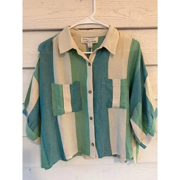 Vintage Havana Striped Button Down Top Green Cream Metallic Lurex Shirt (M) NWT - Picture 2 of 11
